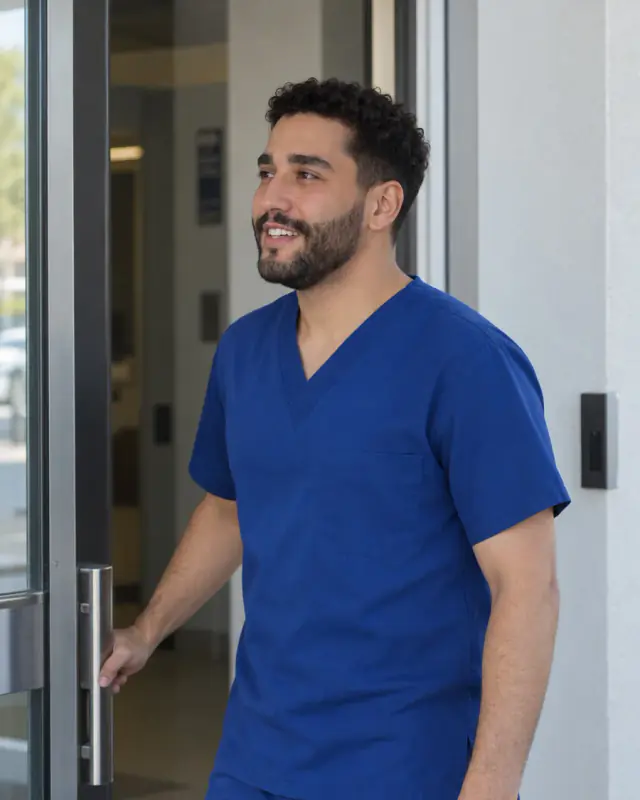 Clinician in blue scrubs stepping through a hospital door
